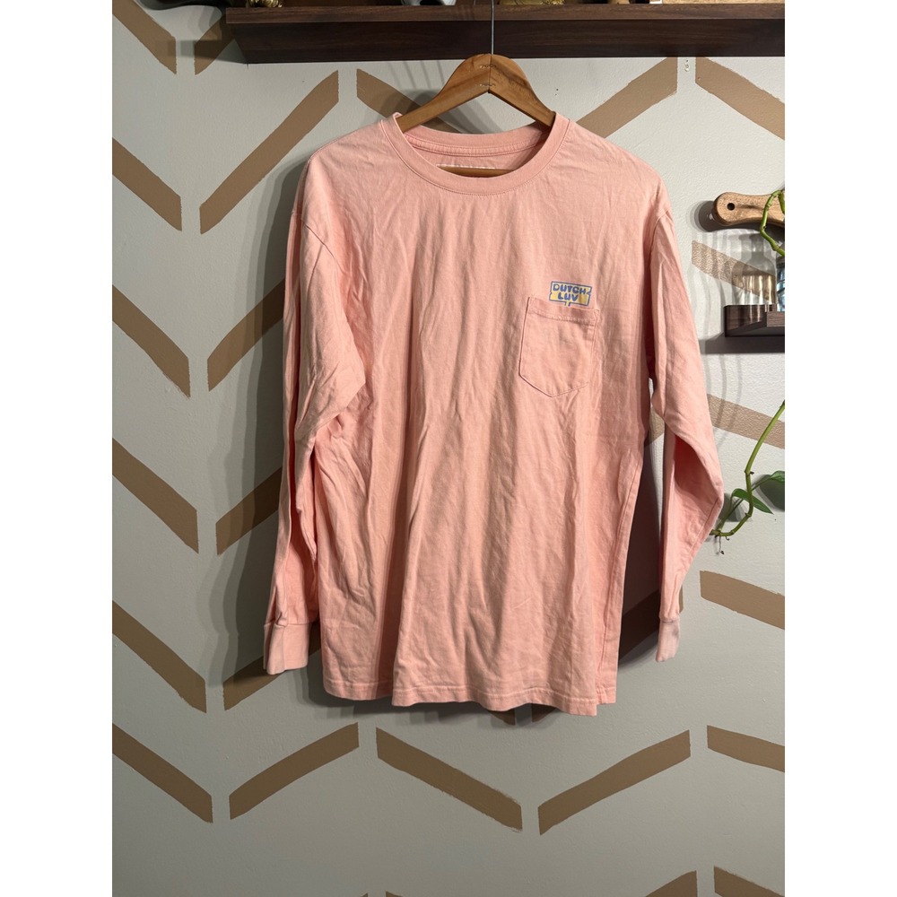 Dutch Bros Graphic Tee Womens Medium Pink Long Sleeve Pocket Coffee Shirt